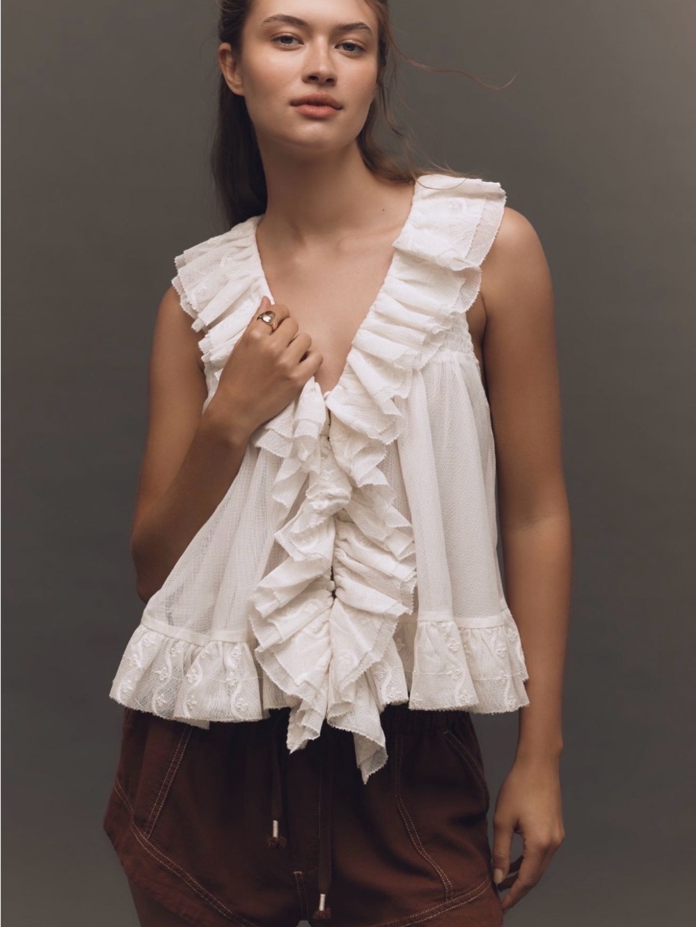Anthropologie Ivory Ruffle Front Sleeveless Camisole